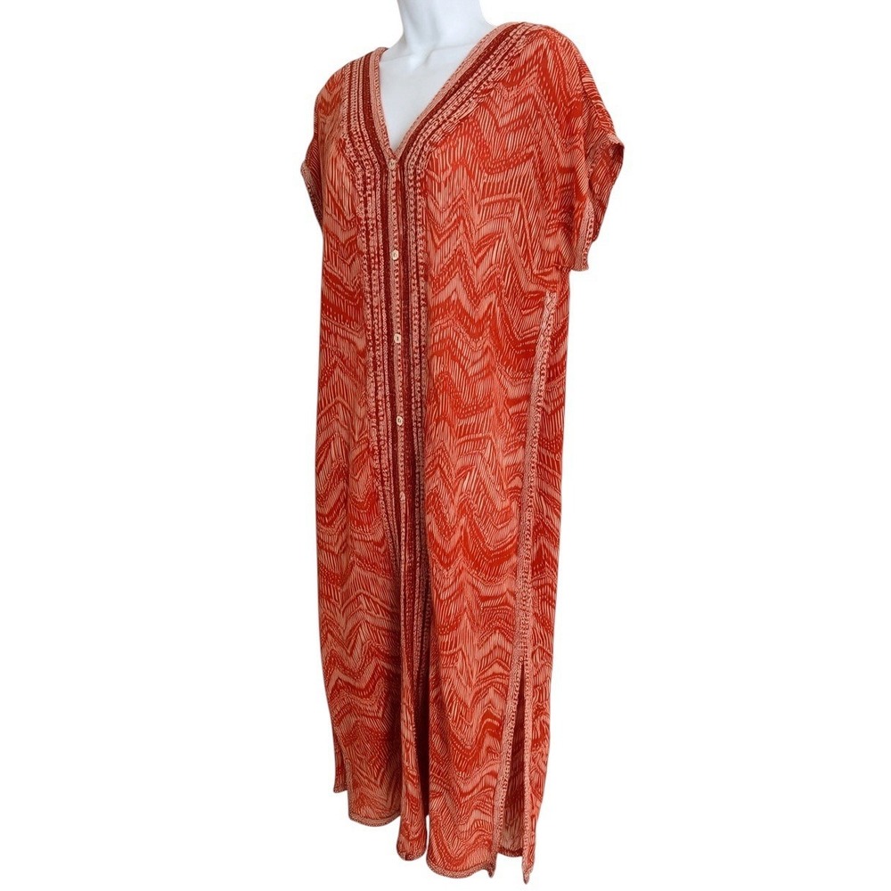 Garnet Hill Maxi Dress M Gauze Organic Cotton Orange Beach Cover Up Slit Buttons - Picture 3 of 10